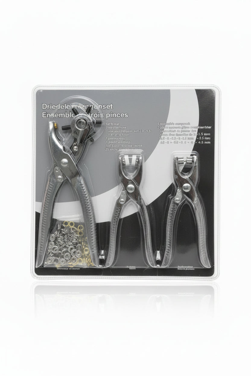 Set de tres pinzas (sacabocado, scovil,ojalete)